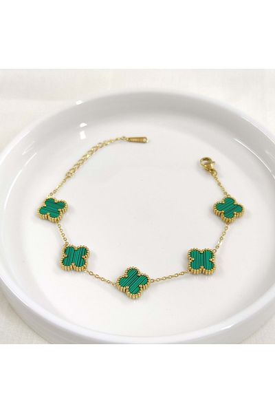 Güler Yüzlü Silver Green Clover Steel Bracelet - Double Tarf, 17+4cm