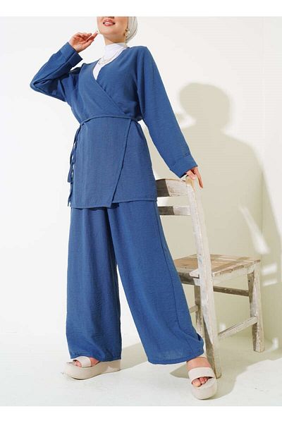 Lavanta Tekstil Indigo Linen Hijab Kimono Set - Front Tie