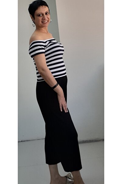 Mertcan Butik Black Elastic Waist Combed Cotton Viscose Daily Capri Pajamas