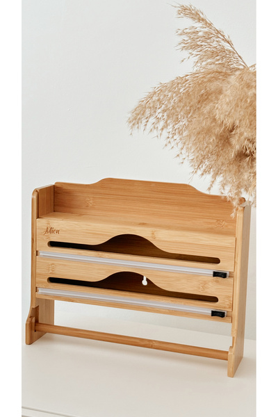 Minika Home Bambu Fonksiyonel Raflı Streç Folyo Kesme ve Kağıt Havlu Organizeri