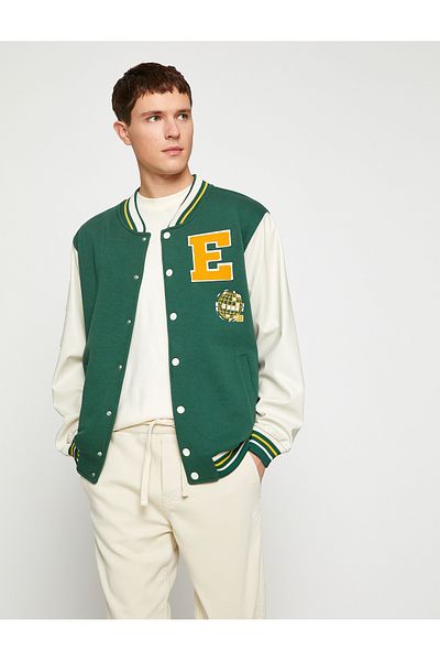 Koton College Jacket Bomber Collar with Embroidery Detail, Snap Buttons and Pockets