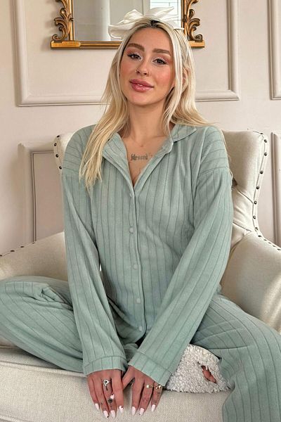 Pijamaevi Mint Green Plain Front Buttoned Plush Polar Pajama Set