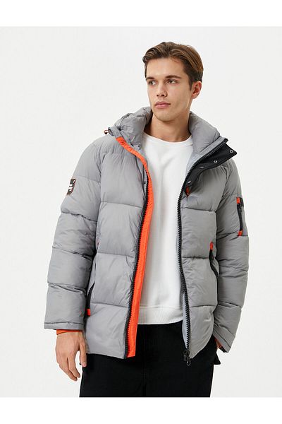 Koton Puffer Jacket Hooded Zippered Label Detailed Pocket