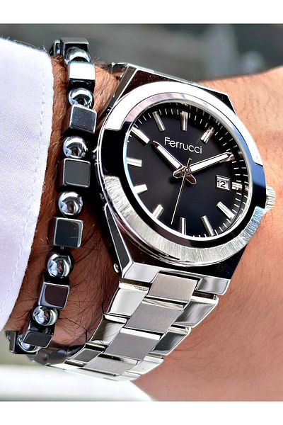 Ferrucci Silver Color Classic Plain Model Steel Cord Men's Wrist Watch + Bracelet