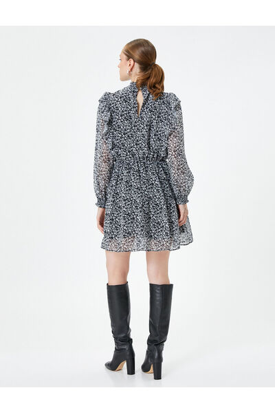 Koton Çiçekli Şifon Elbise Fırfırlı Dik Yaka Balon Kollu