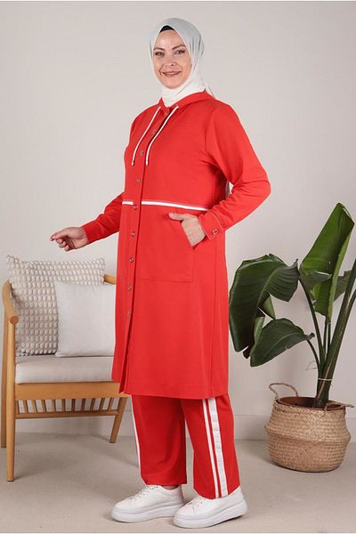 Moda Rosa 23y35086 - Coral - Large Size Hijab Snap Sport Pants Set