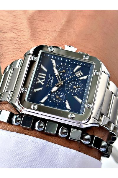 Ferrucci Silver Color Square Functions Active Men's Wrist Watch + Bracelet