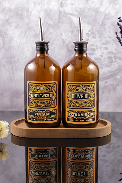 TheBRo 500ML Amber Renkli  Ahşap Stantlı Vintage Desenli Cam Yağdanlık 2'li S...