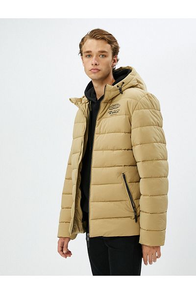 Koton Puffer Jacket Hooded Zippered Slogan Printed Pocket Detail