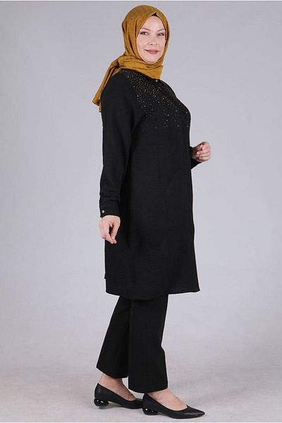 Moda Rosa 24y2342 - Black Large Size Jewelled Hijab Tunik