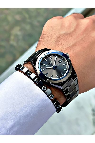 Ferrucci Smoke Color Classic Plain Model Steel Cord Men's Wrist Watch + Bracelet