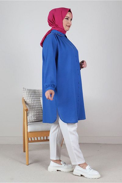 Moda Rosa 24Y2328 - SAKS - Large Size Hijab Drawstring Detailed Baby Collar Tunic