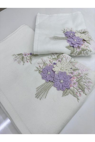 Dantelux White Mother and Daughter Dowry Embroidery Towel - Bowl Bouquet Model