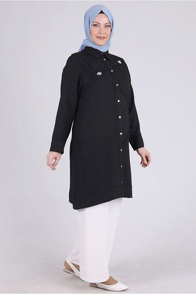 Moda Rosa 24Y2335 - BLACK - Large Size Hijab Collar Tunic