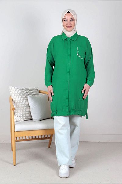 Moda Rosa 24Y2330 - BENETTON - Large Size Hijab Stone Embroidered Linen Aerobin Tunic
