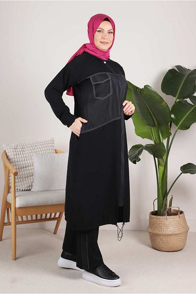 Moda Rosa 24Y35077 - أسود - بدلة بنطلون مغطى بأزرار كبيرة الحجم