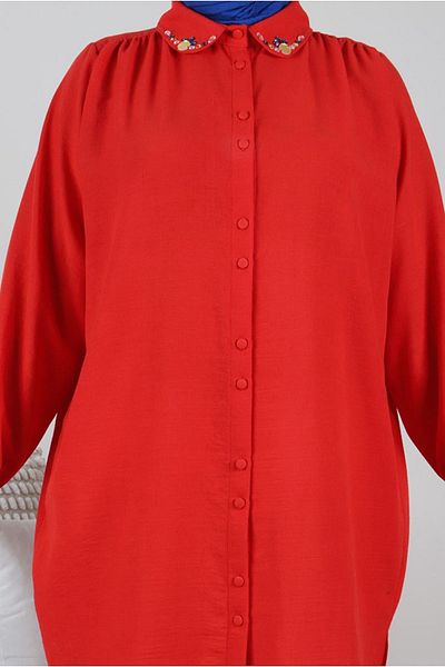 Moda Rosa 24Y2328 - MERCAN - Large Size Hijab Drawstring Detailed Baby Collar Tunic
