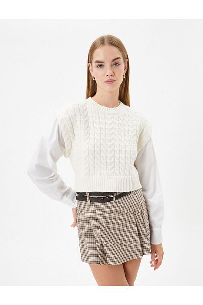 Koton Knitwear Sweater Detailed Tunic Double Fabric Long Sleeve Round Neck