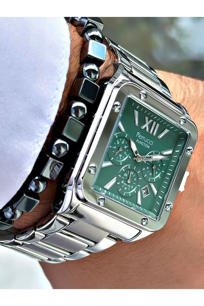 Ferrucci Silver Color Square Functions Active Men's Wrist Watch + Bracelet
