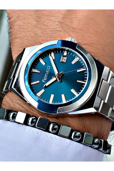 Ferrucci Silver Color Classic Plain Model Steel Cord Men's Wrist Watch + Bracelet