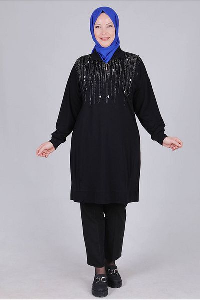 Moda Rosa 25K20103 - Black Large Size Hijab Stone Detailed Tunic