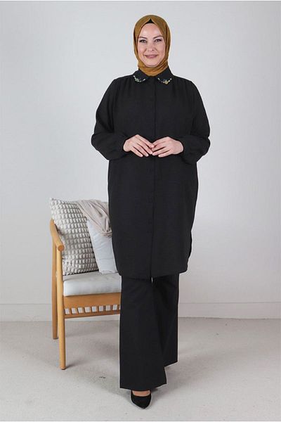 Moda Rosa 24Y2328 - BLACK - Large Size Hijab Drawstring Detailed Baby Collar Tunic