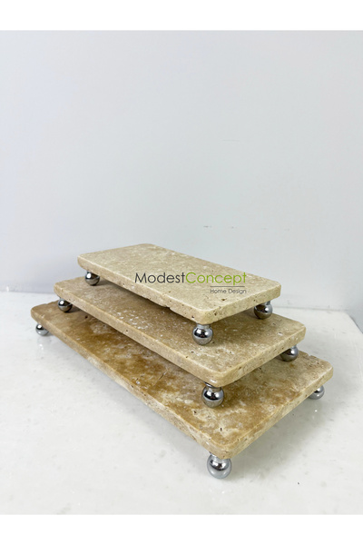 Modestmar Silver Ball Stand - Travertine Presentation Set and Presentation Service Set Set of 3
