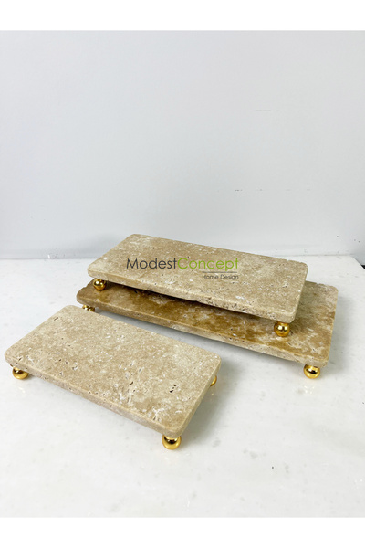 Modestmar Presentation Service Set - Travertine Set of 3, Gold Top Leg