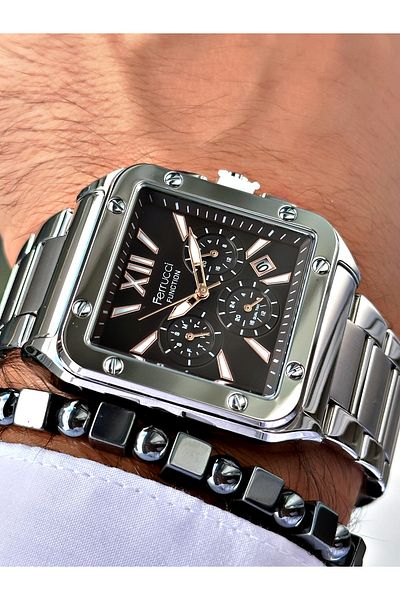 Ferrucci Silver Color Square Functions Active Men's Wrist Watch + Bracelet