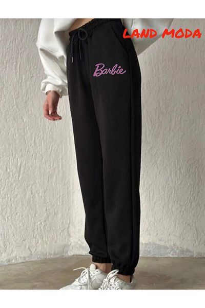 LAND MODA Μαύρο γυναικείο εμπριμέ Jogger ελαστικό παντελόνι μέσης
