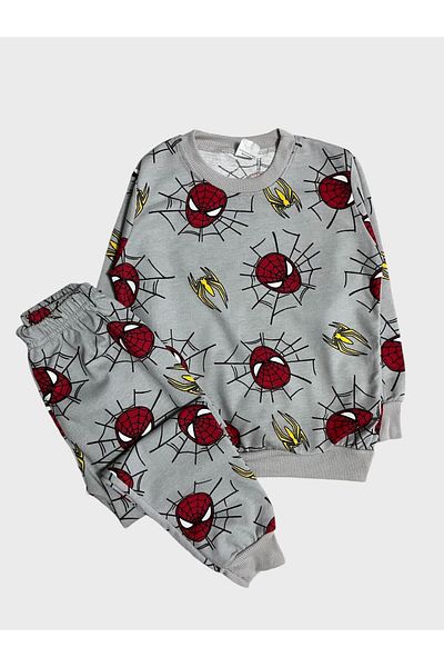 ALİŞ KİDS Boy's Cotton Gray Red Spiderman Patterned Long Sleeve Seasonal Pajamas Set