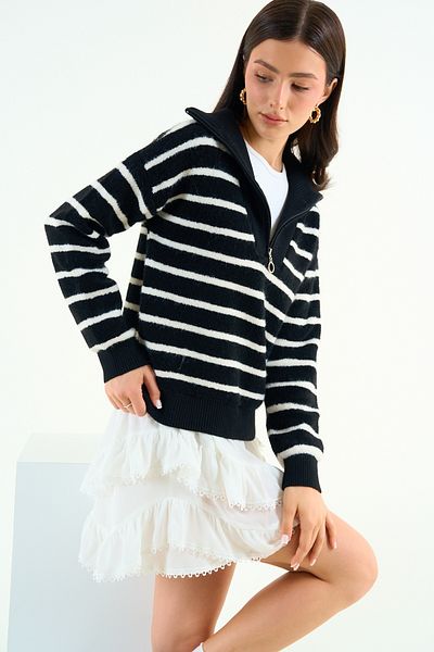 Qu Style Pulover cu fermoar cu dungi negru-crem TK 231241