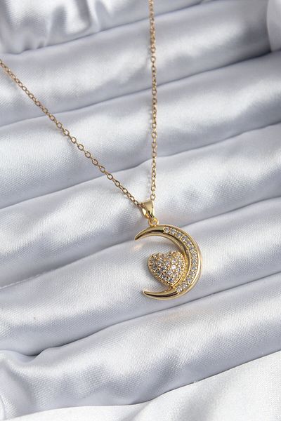 Clariss 316L Steel Gold Color Crescent Heart Model Zircon Stone Detail Women's Necklace