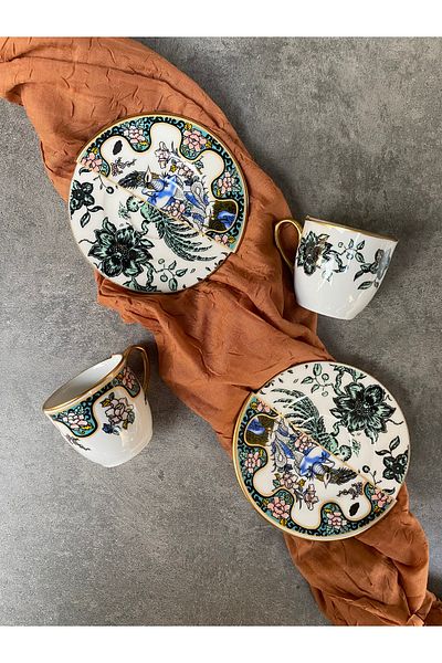 RUBİ PORSELEN Kütahya Double Patterned Seremony Series Porcelain Coffee Cup Set for 6 People