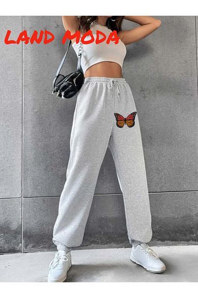 LAND MODA Μαύρο γυναικείο εμπριμέ Jogger ελαστικό παντελόνι μέσης
