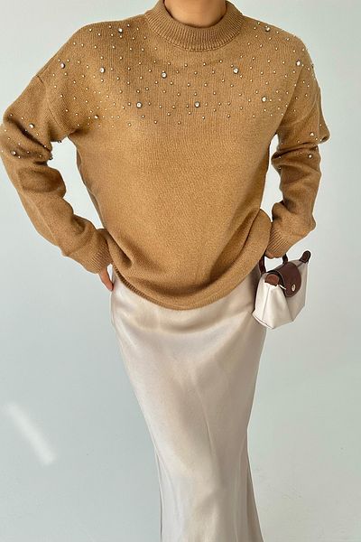 Qu Style Stone Detailed Camel Sweater - Tk 231106