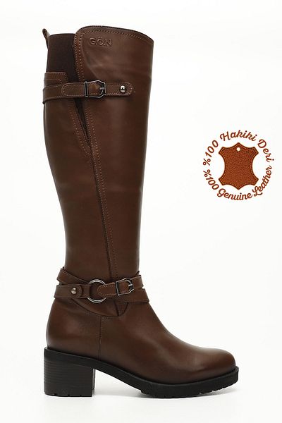 GÖNDERİ(R) Braune antike Damenstiefel aus echtem Leder mit Reißverschluss und dickem Absatz für Damen/Mädchen
