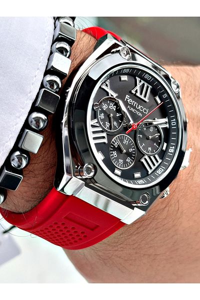 Ferrucci Red Color Silicone Functions Active Sports Men's Wrist Watch + Bracelet