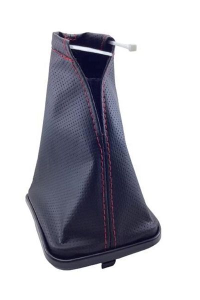 None Car Universal Gear Gaiter Black Leather Red Stitching