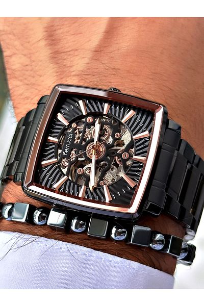 Ferrucci Black Color Automatic Square Business Mechanism Men's Wrist Watch + Bracelet