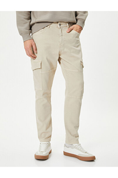 Koton Yıkamalı Pantolon Kargo Cepli Dikiş Detaylı Slim Fit Düğmeli