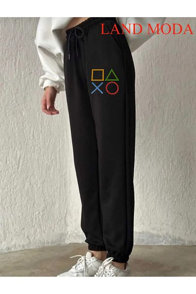 LAND MODA Μαύρο γυναικείο εμπριμέ Jogger ελαστικό παντελόνι μέσης