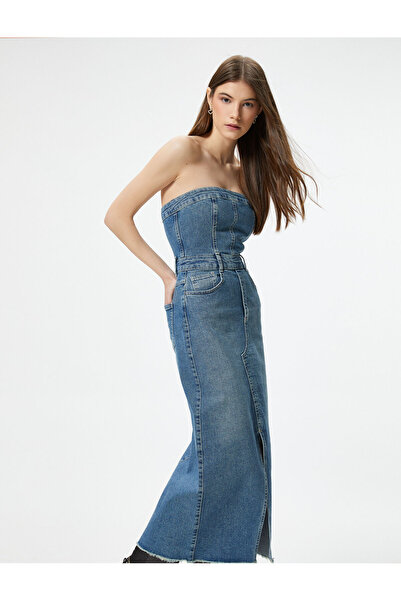 Koton Rochie din denim fără bretele Lungime midi Slim Fit Buzunar Slit din bu...