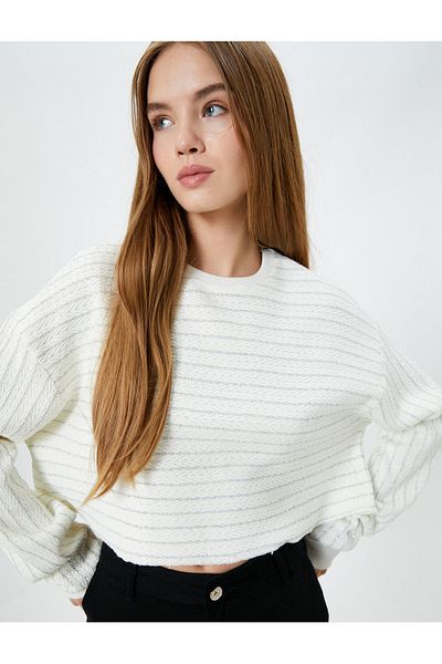 Koton Crop Striped Sweatshirt Glitter Long Balloon Sleeve