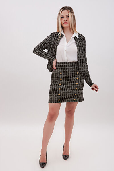 Blue Petrol Women's Long Sleeve Jacket Skirt Button Detailed Plaid Suit