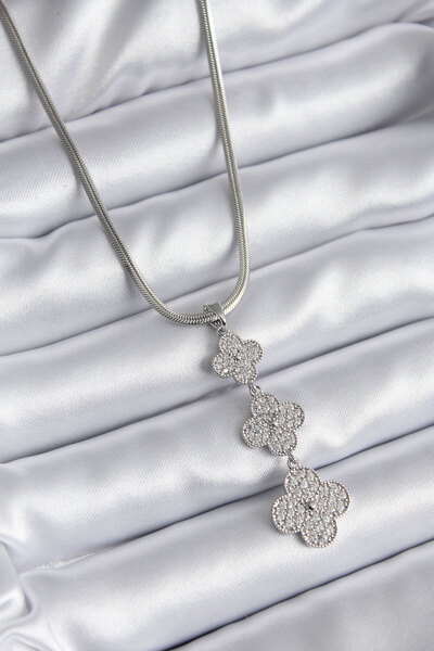 Nehir 316L Steel Silver Color Italian Chain Zircon Stone Clover Model Women's...