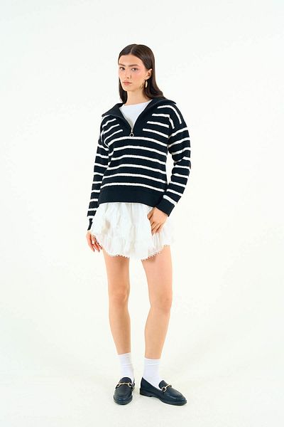 Qu Style Pulover cu fermoar cu dungi negru-crem TK 231241