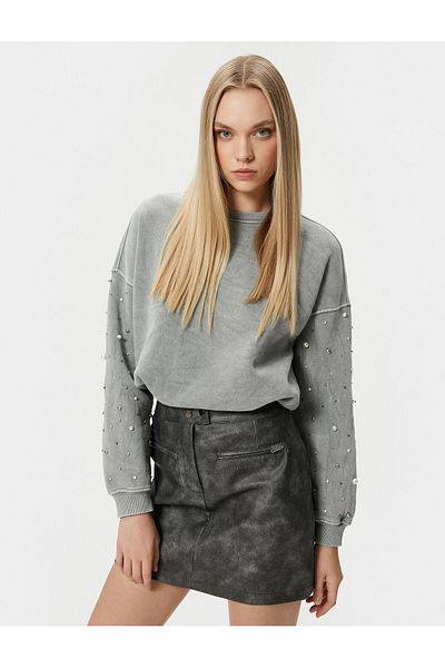 Koton Crew Neck Sweatshirt Sleeves with Beaded Pearl Detail - Handmade Collection