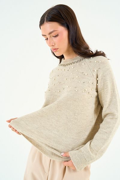 Qu Style Light Beige Crew Neck Sweater with Stone Detail - Tk 241129