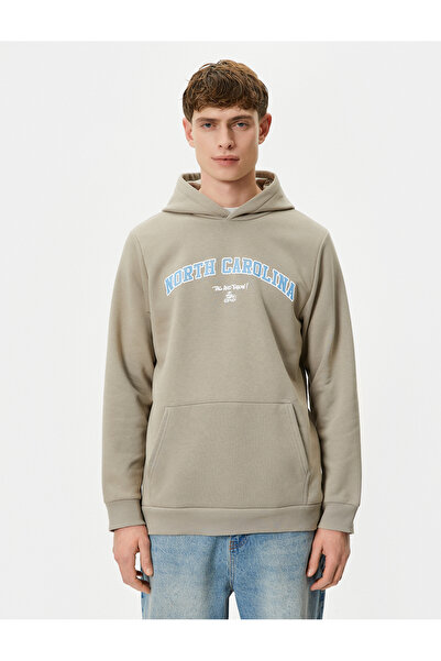 Koton College Printed Hooded Sweatshirt - Kangaroo Pocket Detail, Ribbed Raster